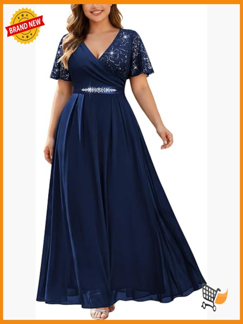 Plus Size Wrap V Neck Sequin Lace Chiffon Formal Maxi Dress with Rhinestone